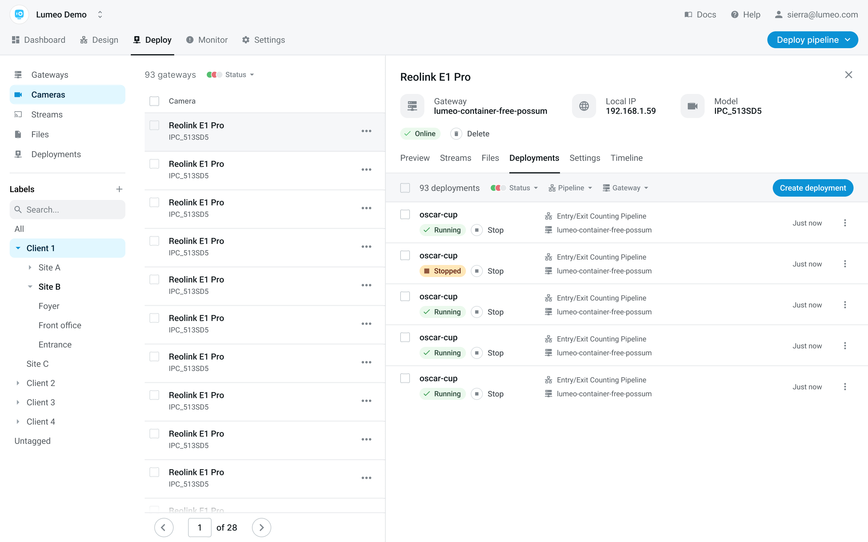 Screenshot of Lumeo's deploy screen in production: a three-level sidebar hierarchy (client, site, and camera) on the left, a scrollable list of 93 gateways in the middle, and a dense detail panel on the right showing device status, IP, model, and a live table of 93 pipeline deployments with running/stopped states.